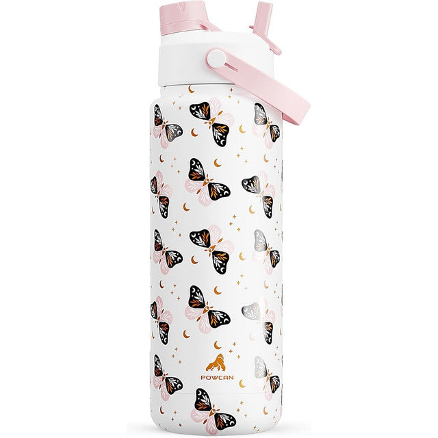 POWCAN 26 oz Insulated Water Bottle with 2-in-1 Straw and Spout Lid, Keep Cold 24H, Leak-Proof, Fits in Car Cup Holder, Stainless Steel Water Bottle for Sports, Travel, and School (Cotton Candy)