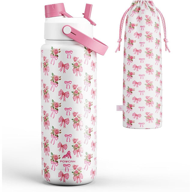 POWCAN 26 oz Insulated Water Bottle with 2-in-1 Straw and Spout Lid, Keep Cold 24H, Leak-Proof, Fits in Car Cup Holder, Stainless Steel Water Bottle for Sports, Travel, and School (Cotton Candy)