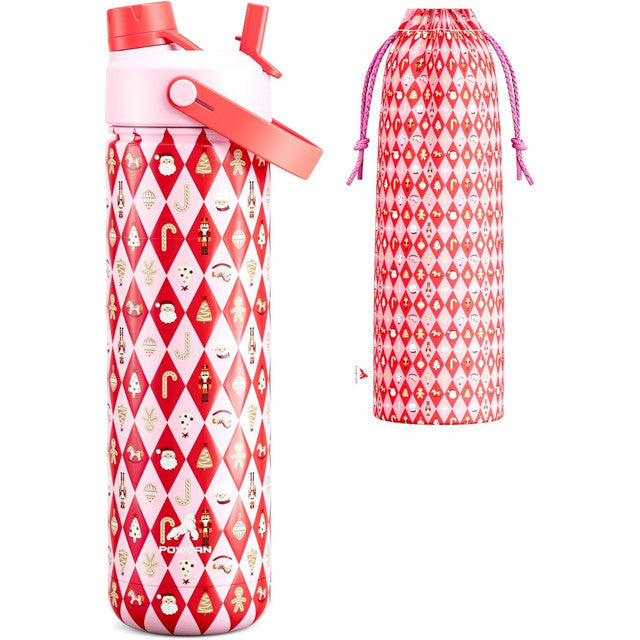 POWCAN 26 oz Insulated Water Bottle with 2-in-1 Straw and Spout Lid, Keep Cold 24H, Leak-Proof, Fits in Car Cup Holder, Stainless Steel Water Bottle for Sports, Travel, and School (Cotton Candy)