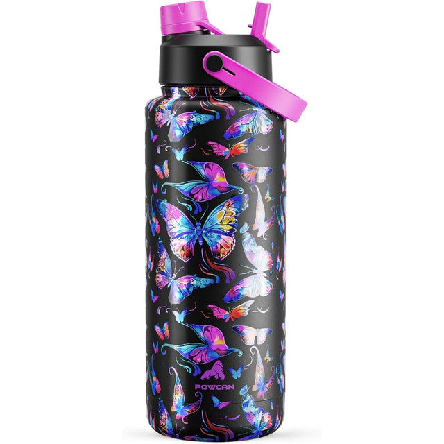 POWCAN 26 oz Insulated Water Bottle with 2-in-1 Straw and Spout Lid, Keep Cold 24H, Leak-Proof, Fits in Car Cup Holder, Stainless Steel Water Bottle for Sports, Travel, and School (Cotton Candy)