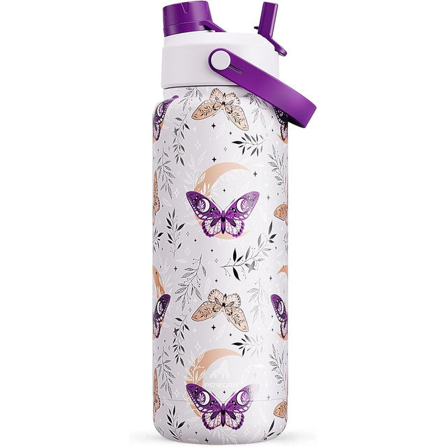 POWCAN 26 oz Insulated Water Bottle with 2-in-1 Straw and Spout Lid, Keep Cold 24H, Leak-Proof, Fits in Car Cup Holder, Stainless Steel Water Bottle for Sports, Travel, and School (Cotton Candy)